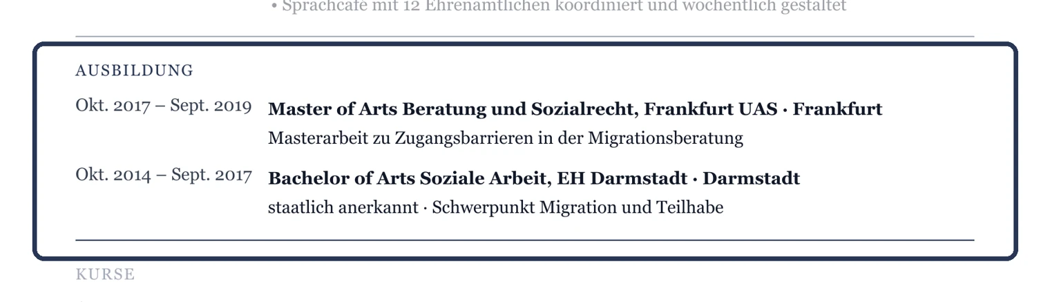 Abschluss, Hochschule, Zeitraum und Schwerpunkt – Muster Beratung & Migration