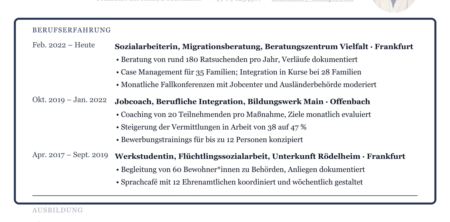 Jede Station: Position mit Arbeitsfeld, Träger, Ort, Zeitraum und zwei bis drei Stichpunkte – Muster Beratung & Migration