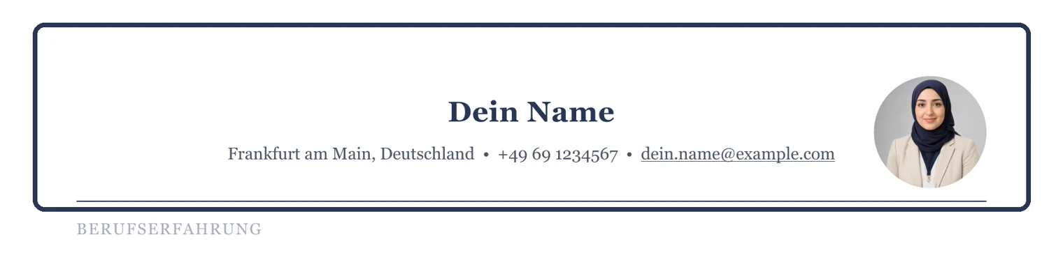 Kontaktdaten, Foto und Führerschein im Kopfbereich – Muster Beratung & Migration