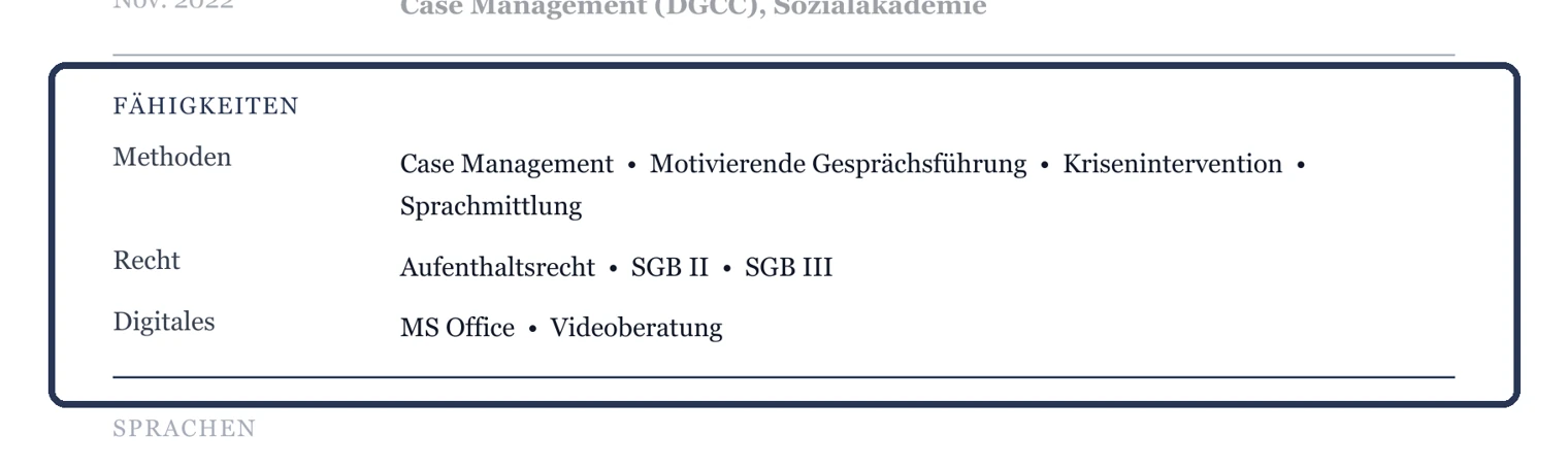 Kenntnisse in Gruppen, ohne Balken oder Sterne – Muster Beratung & Migration