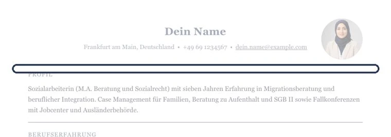 So sähe ein Kurzprofil zwischen Kontaktdaten und Berufserfahrung aus – Muster Beratung & Migration