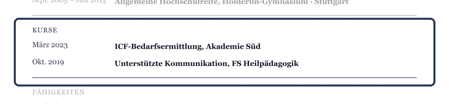 Weiterbildungen mit Titel, Anbieter und Datum – Muster Eingliederungshilfe