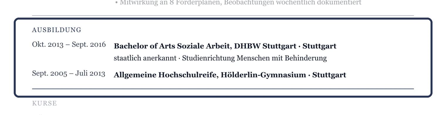 Abschluss, Hochschule, Zeitraum und Schwerpunkt – Muster Eingliederungshilfe