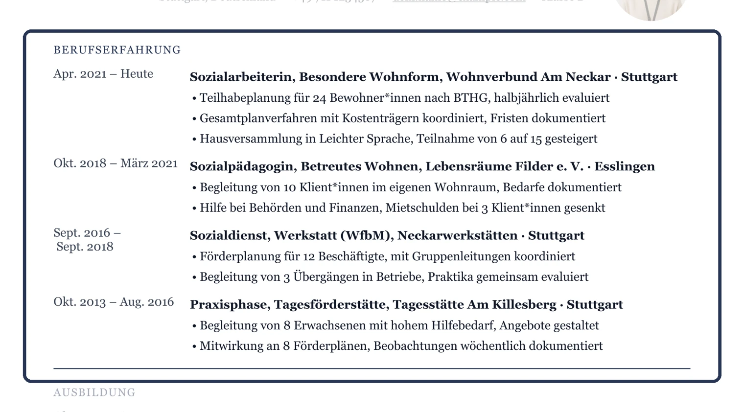 Jede Station: Position mit Arbeitsfeld, Träger, Ort, Zeitraum und zwei bis drei Stichpunkte – Muster Eingliederungshilfe