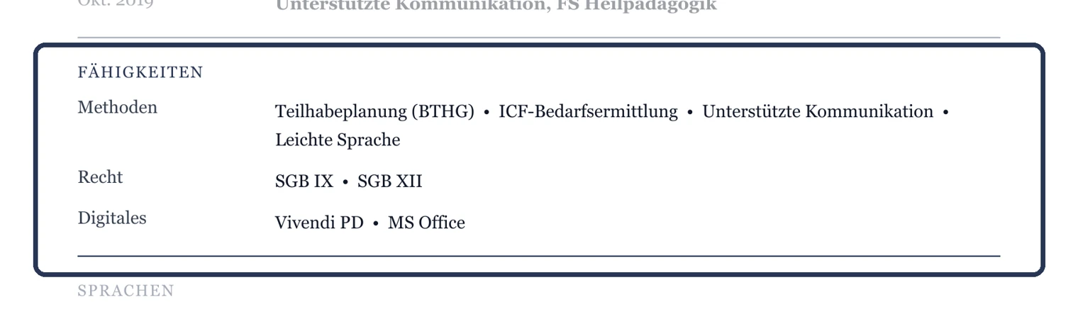 Kenntnisse in Gruppen, ohne Balken oder Sterne – Muster Eingliederungshilfe