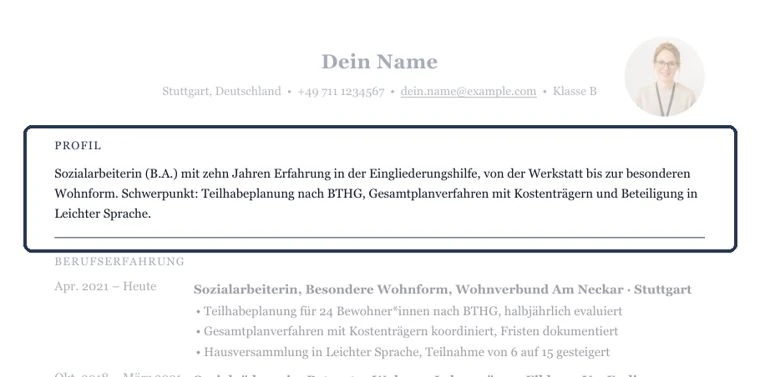 So sähe ein Kurzprofil zwischen Kontaktdaten und Berufserfahrung aus – Muster Eingliederungshilfe
