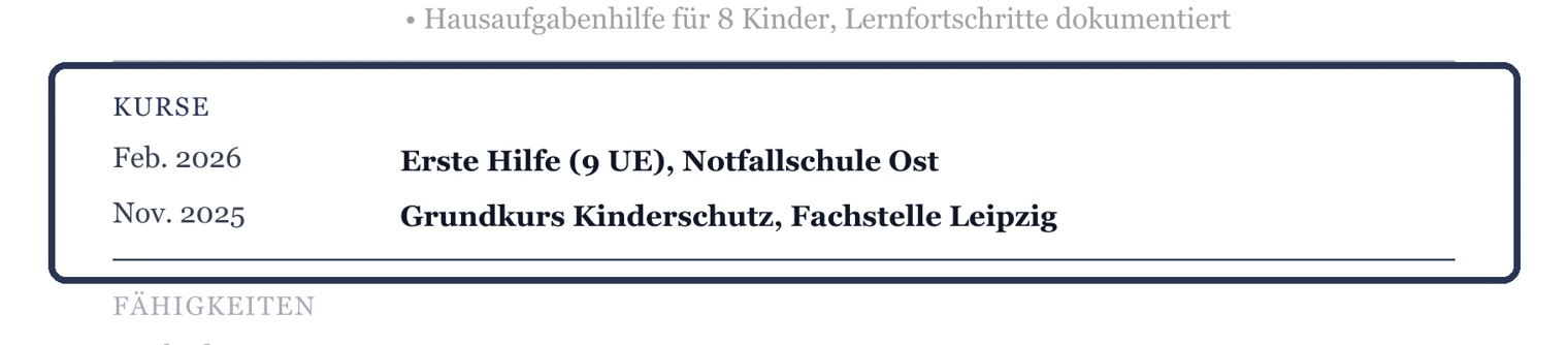 Weiterbildungen mit Titel, Anbieter und Datum – Muster Studium & Berufseinstieg