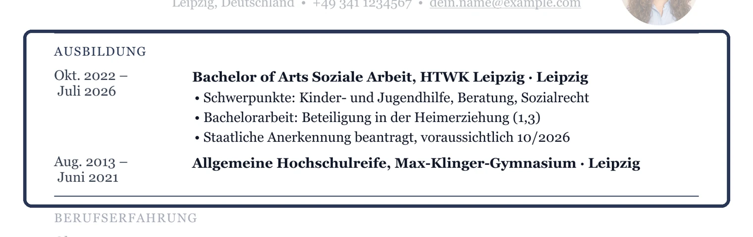 Abschluss, Hochschule, Zeitraum und Schwerpunkt – Muster Studium & Berufseinstieg