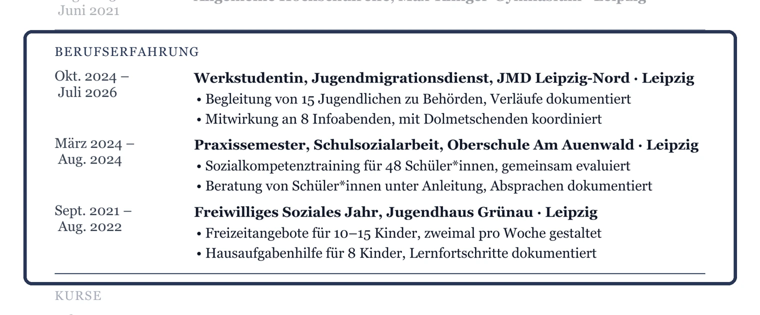 Jede Station: Position mit Arbeitsfeld, Träger, Ort, Zeitraum und zwei bis drei Stichpunkte – Muster Studium & Berufseinstieg