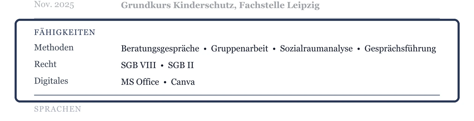 Kenntnisse in Gruppen, ohne Balken oder Sterne – Muster Studium & Berufseinstieg