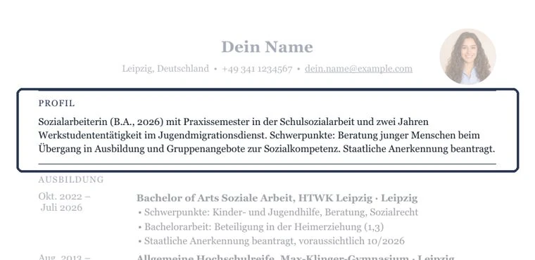 So sähe ein Kurzprofil zwischen Kontaktdaten und Berufserfahrung aus – Muster Studium & Berufseinstieg