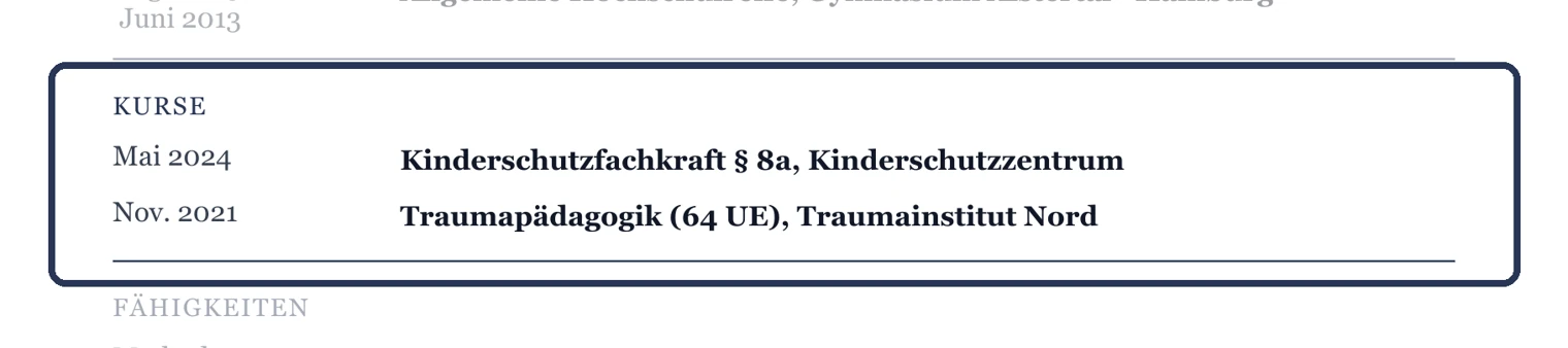 Weiterbildungen mit Titel, Anbieter und Datum – Muster Kinder- & Jugendhilfe