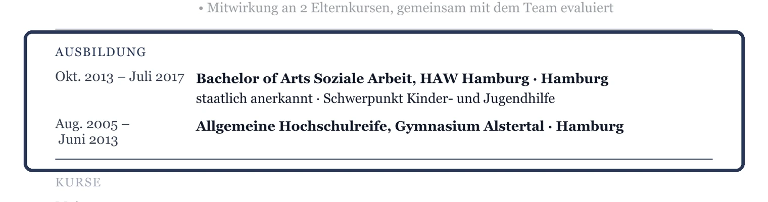 Abschluss, Hochschule, Zeitraum und Schwerpunkt – Muster Kinder- & Jugendhilfe