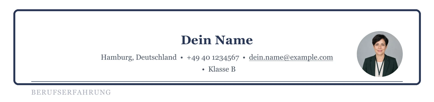 Kontaktdaten, Foto und Führerschein im Kopfbereich – Muster Kinder- & Jugendhilfe