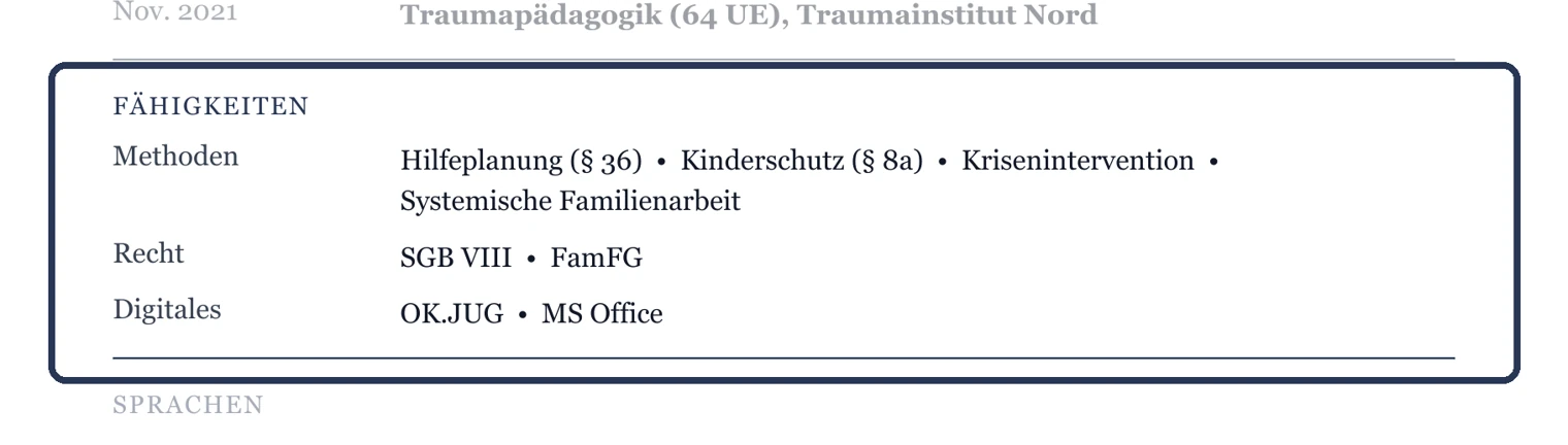Kenntnisse in Gruppen, ohne Balken oder Sterne – Muster Kinder- & Jugendhilfe