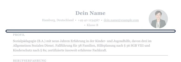 So sähe ein Kurzprofil zwischen Kontaktdaten und Berufserfahrung aus – Muster Kinder- & Jugendhilfe