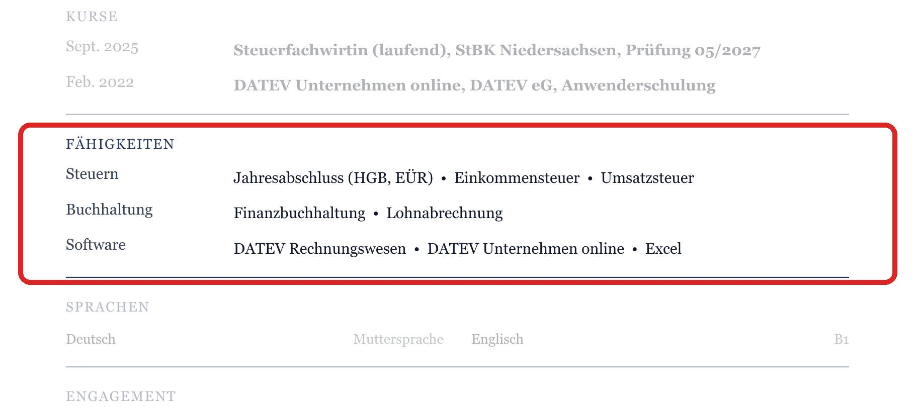 Kenntnisse im Muster – Steuerfachangestellte*r – allgemein