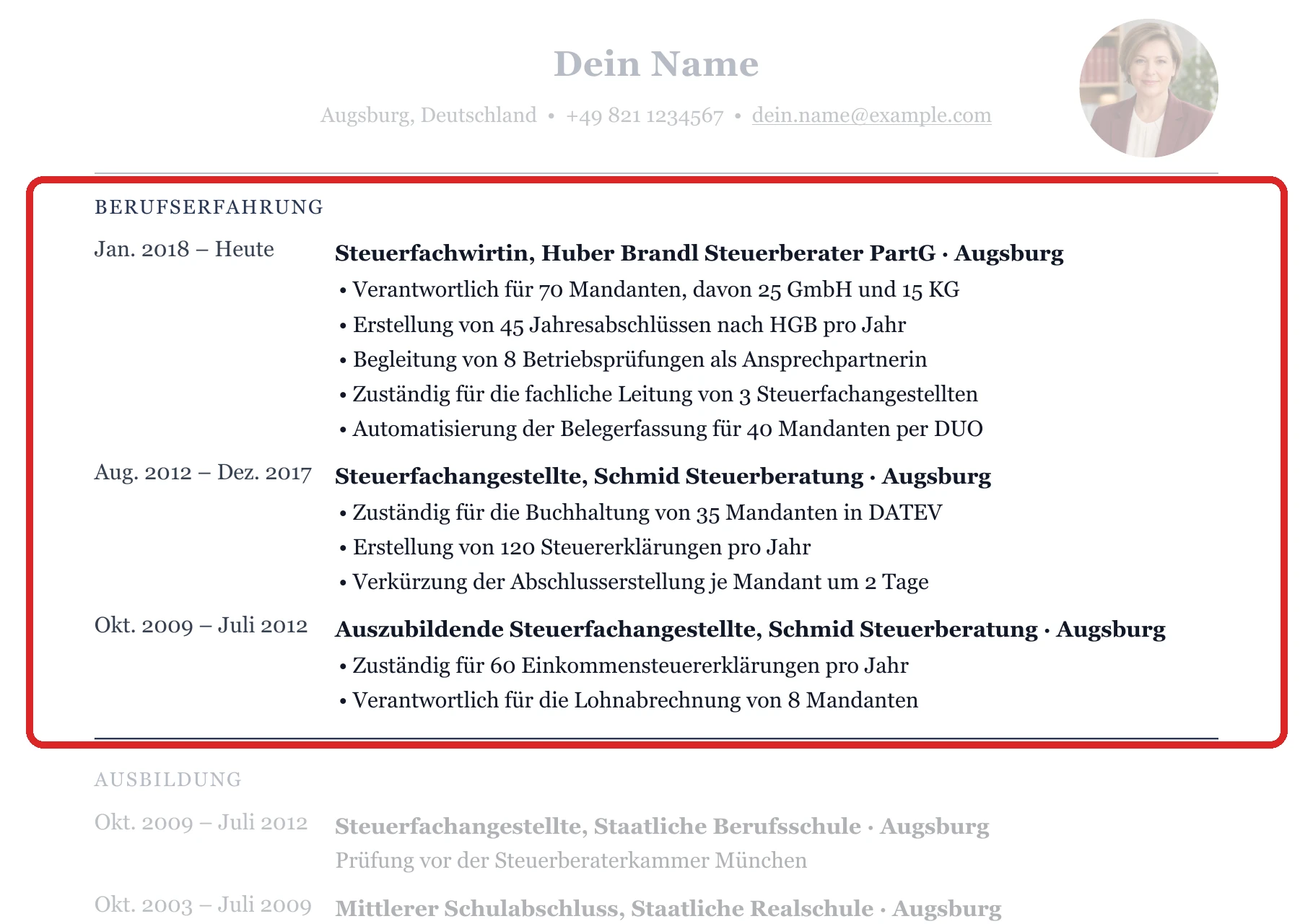 Berufserfahrung im Muster – Steuerfachwirt*in & Erfahrene