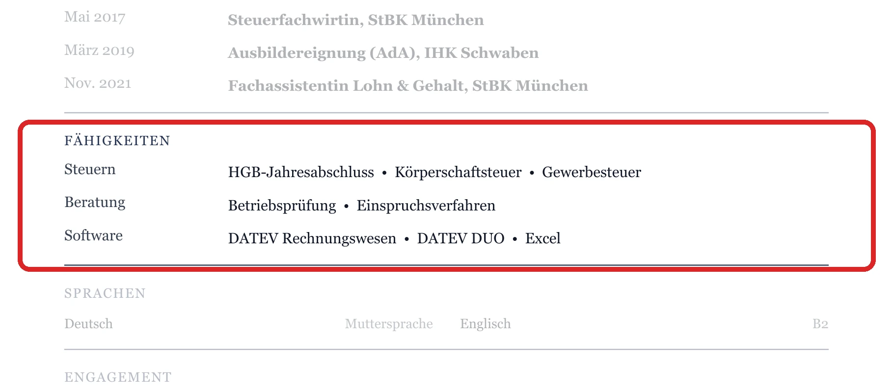 Kenntnisse im Muster – Steuerfachwirt*in & Erfahrene