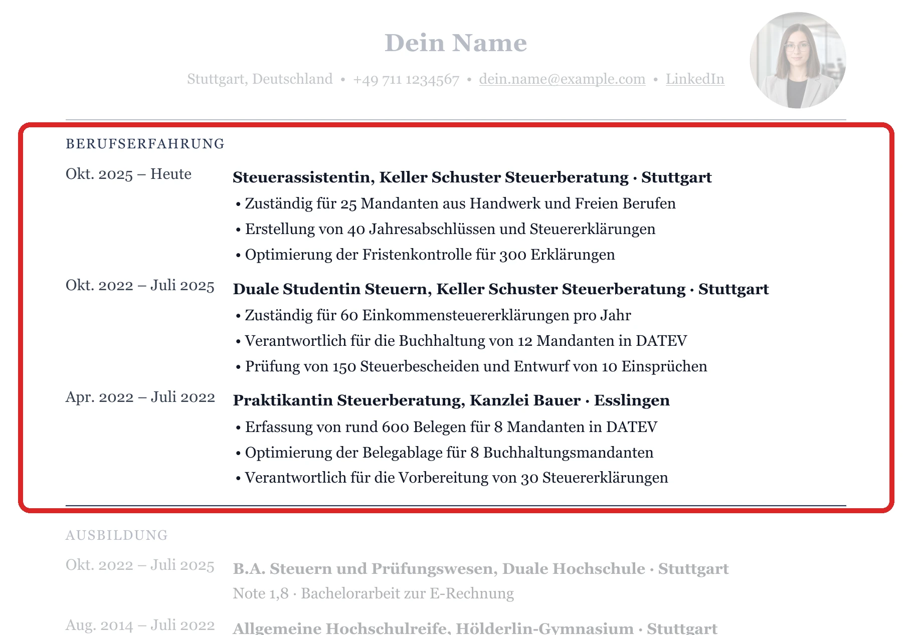 Berufserfahrung im Muster – Duales Studium & Steuerassistenz