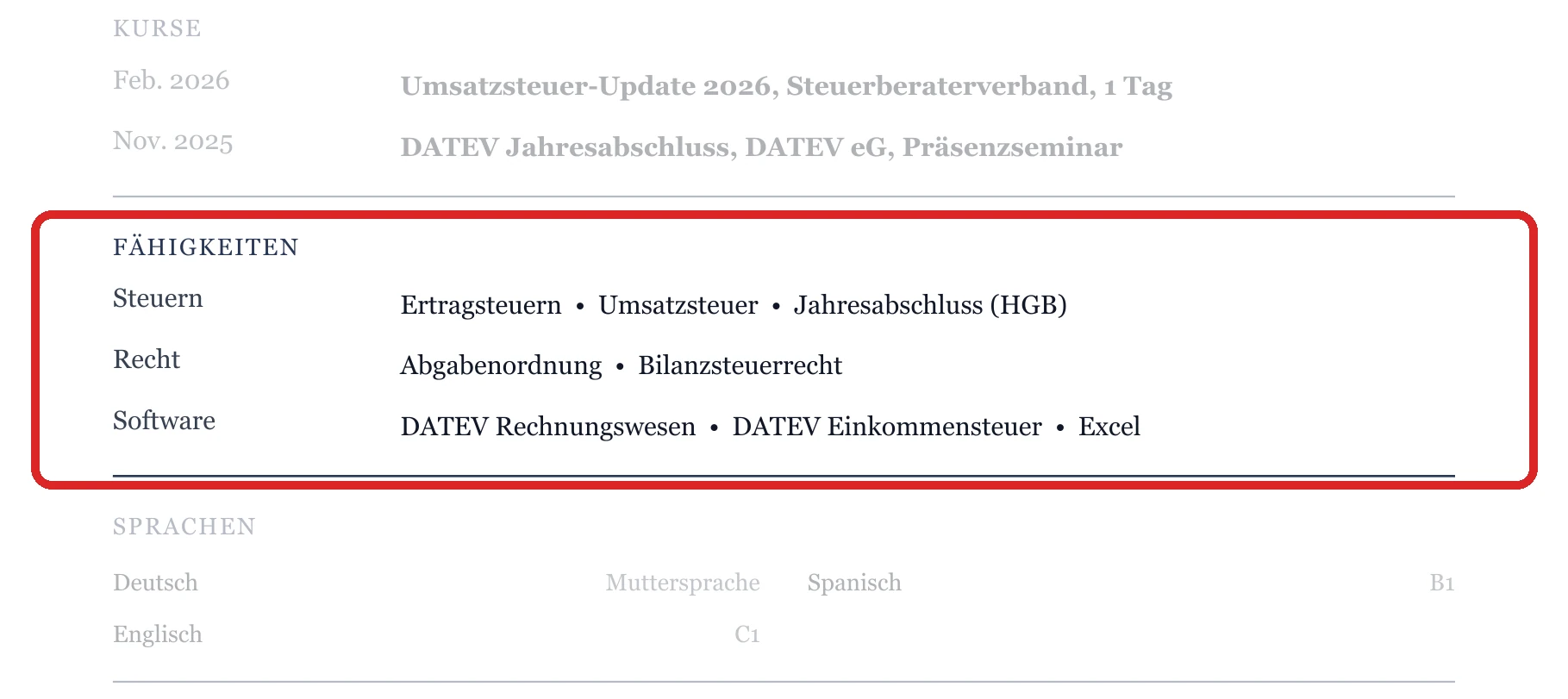 Kenntnisse im Muster – Duales Studium & Steuerassistenz
