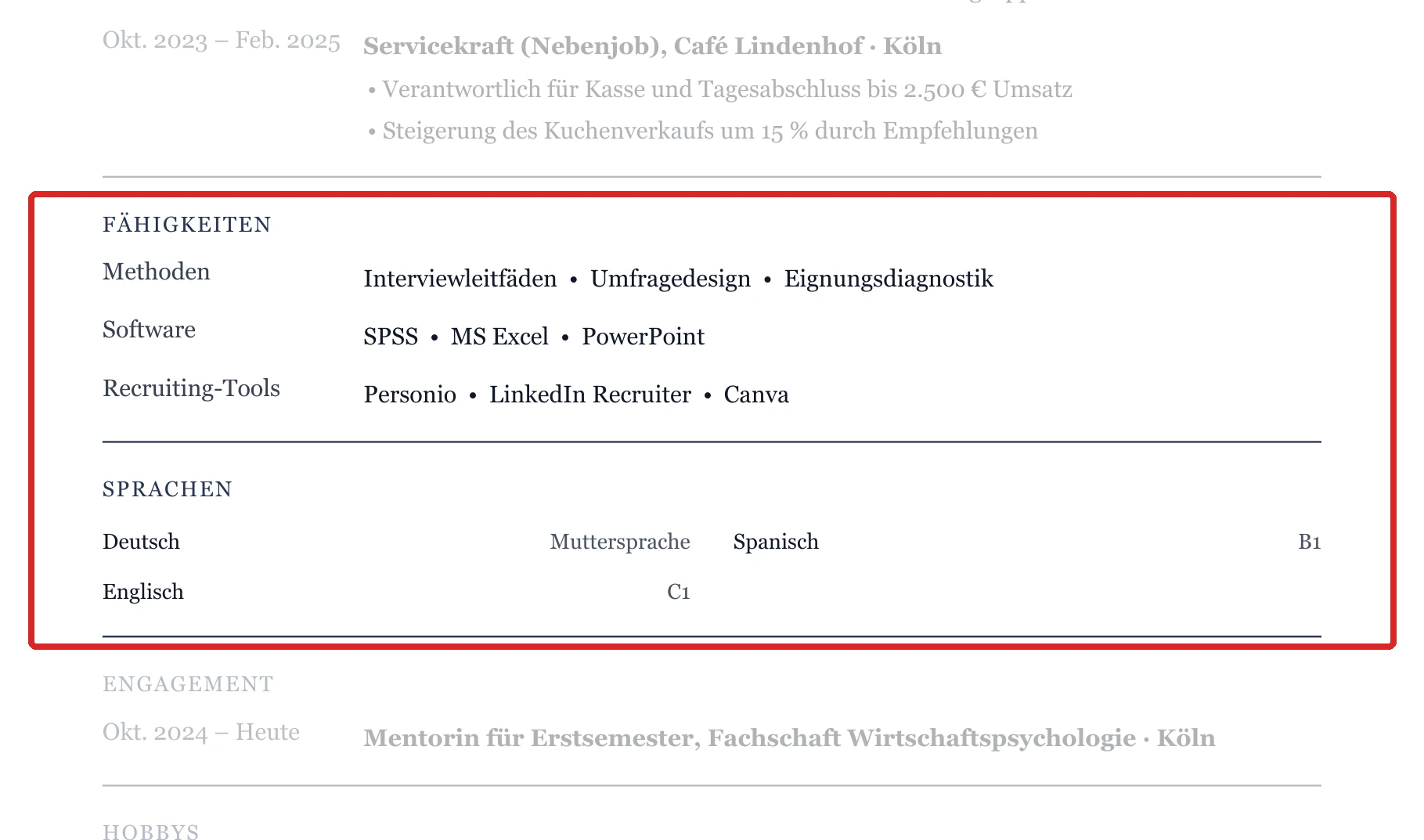 Kenntnisse und Sprachen im Muster – Muster Student*in – allgemein