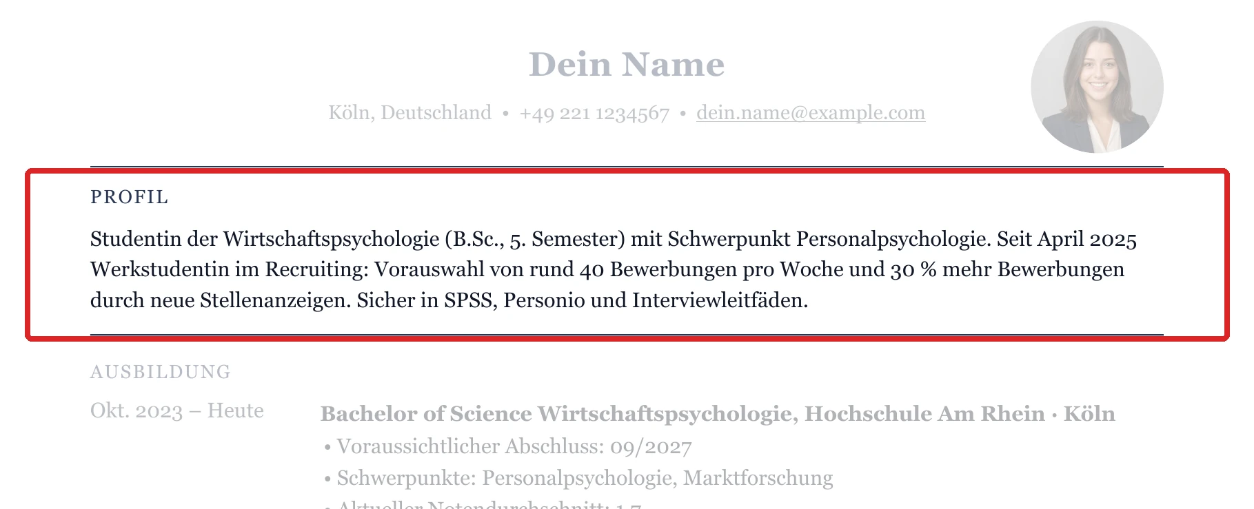 Muster mit Kurzprofil unter dem Kopfbereich