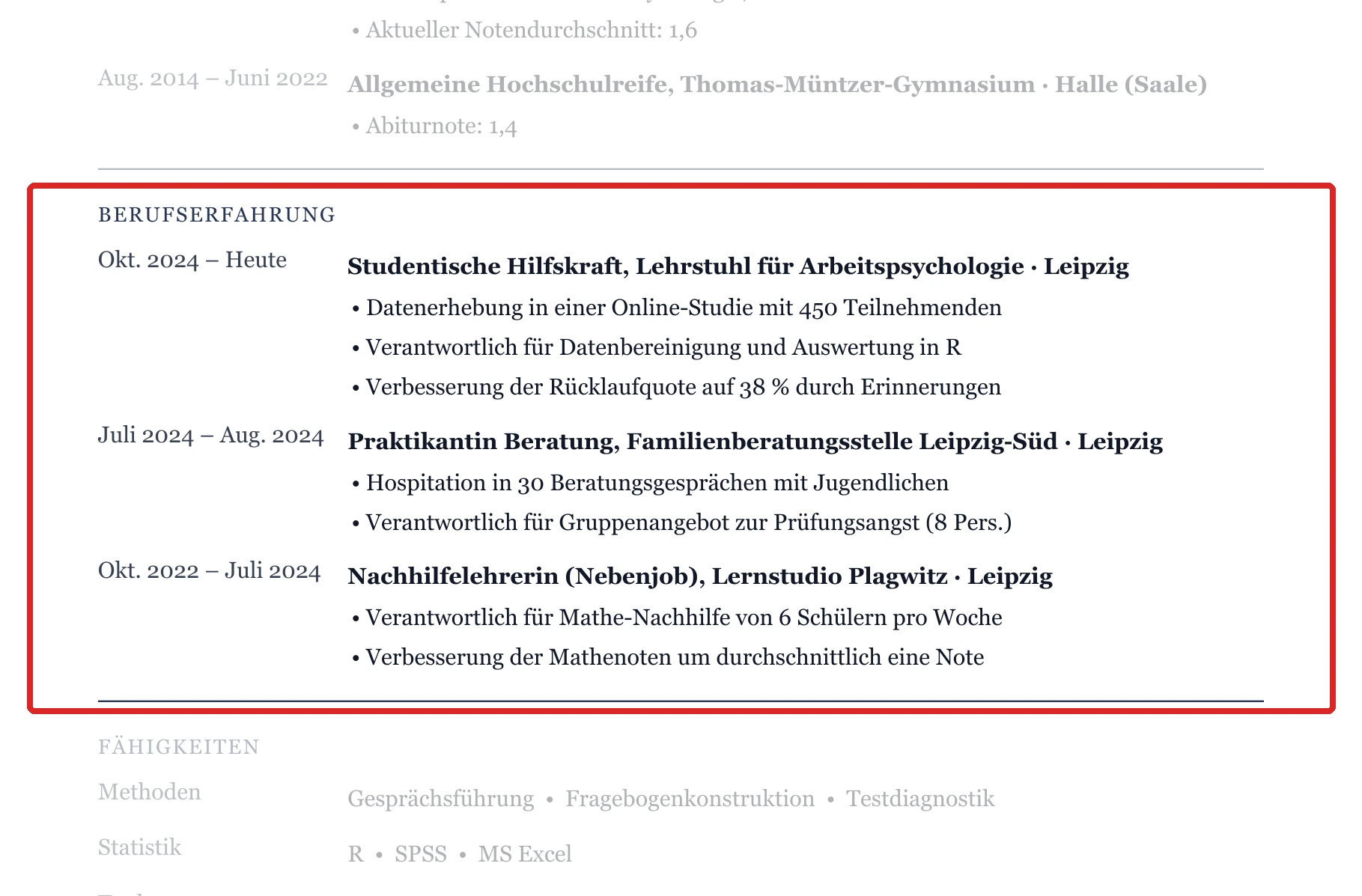 Berufserfahrung im Muster – Muster Sozial-, Geistes- & Gesundheitswiss.
