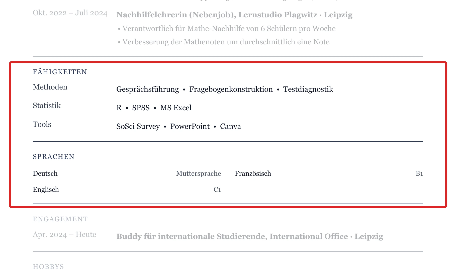 Kenntnisse und Sprachen im Muster – Muster Sozial-, Geistes- & Gesundheitswiss.