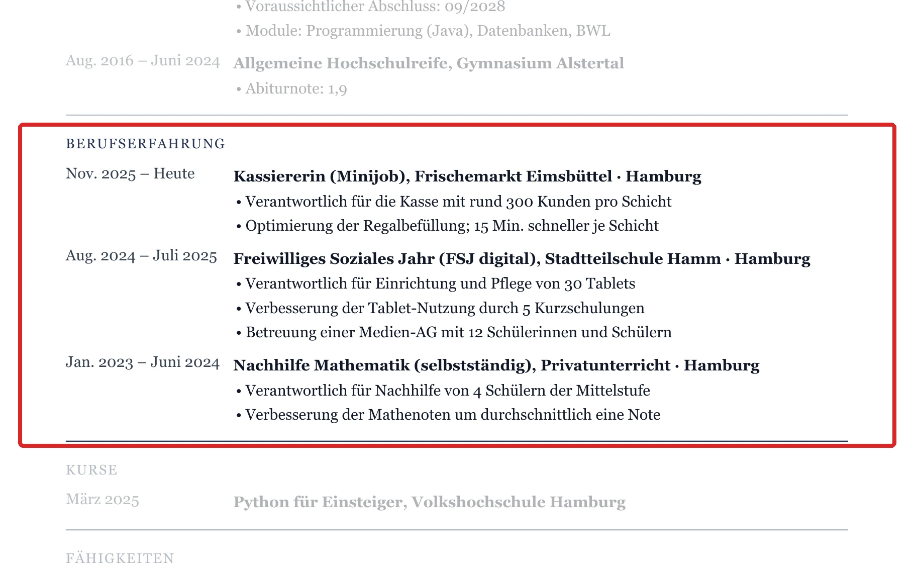 Berufserfahrung im Muster – Muster Studienstart & ohne Berufserfahrung