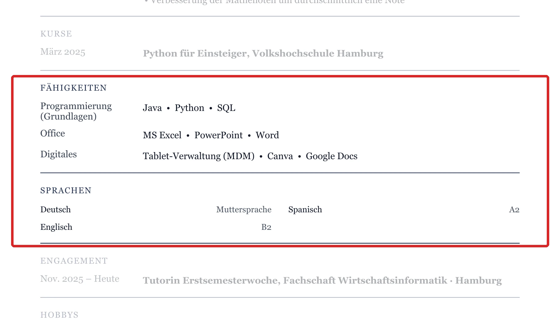 Kenntnisse und Sprachen im Muster – Muster Studienstart & ohne Berufserfahrung