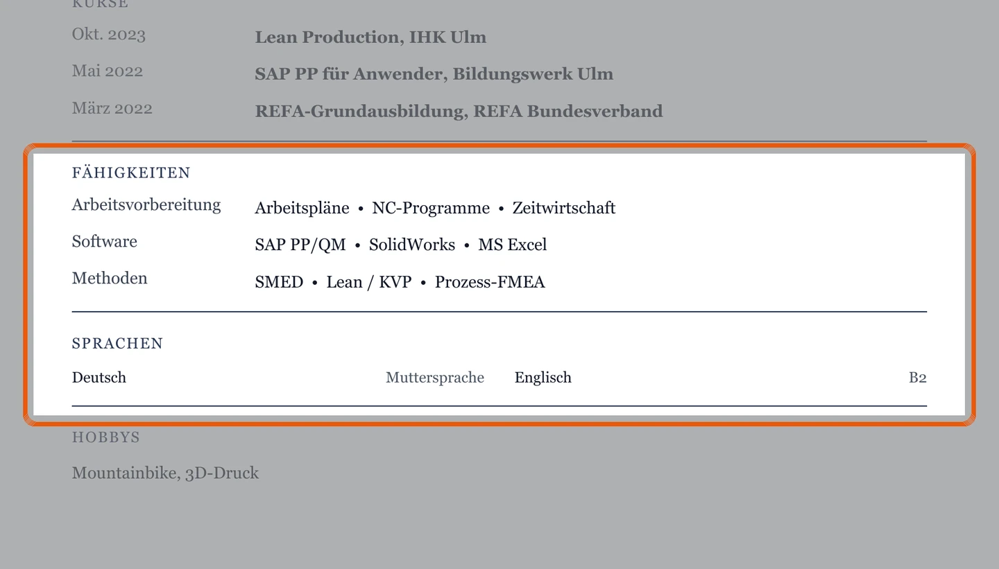 Kenntnisse und Sprachen im Muster – Muster Techniker*in – allgemein