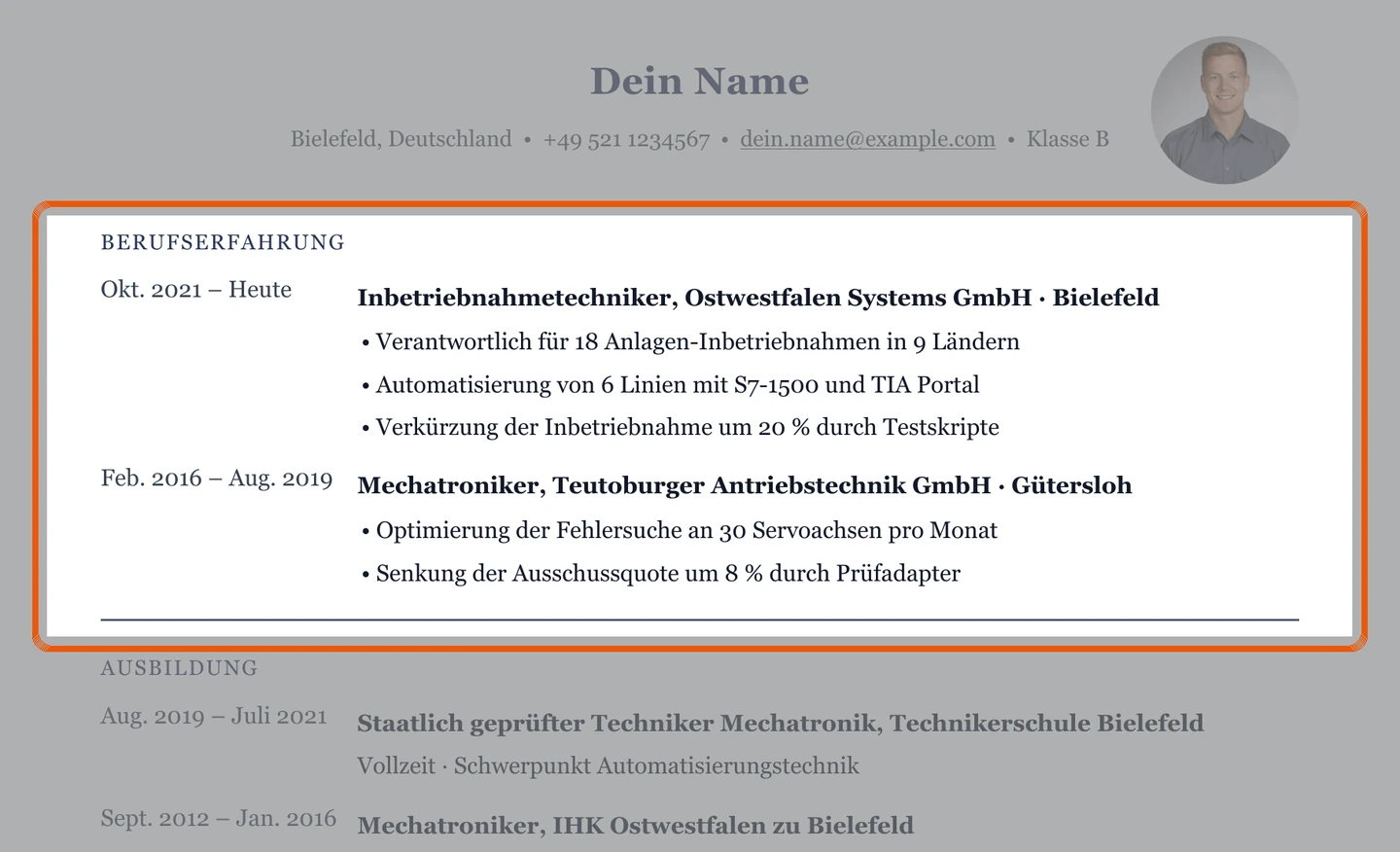 Berufserfahrung im Muster – Muster Mechatronik & Automatisierung