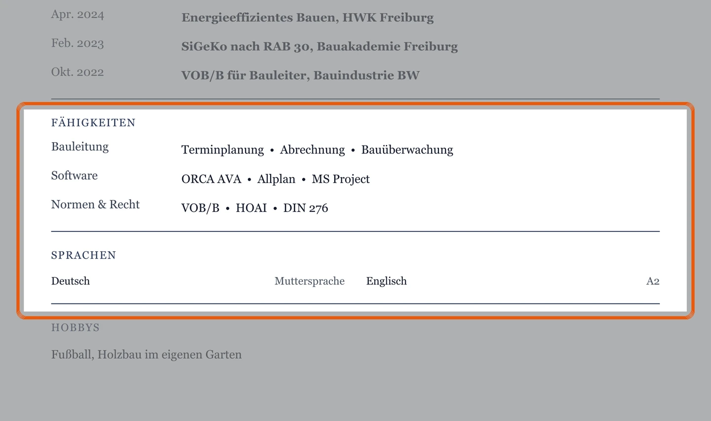 Kenntnisse und Sprachen im Muster – Muster Bau- & Gebäudetechnik