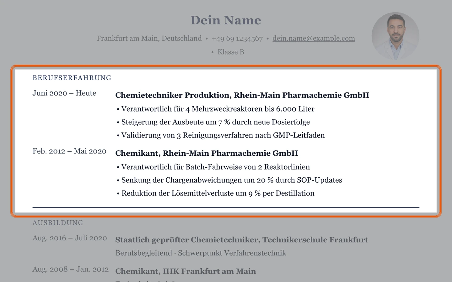 Berufserfahrung im Muster – Muster Chemie- & Verfahrenstechnik