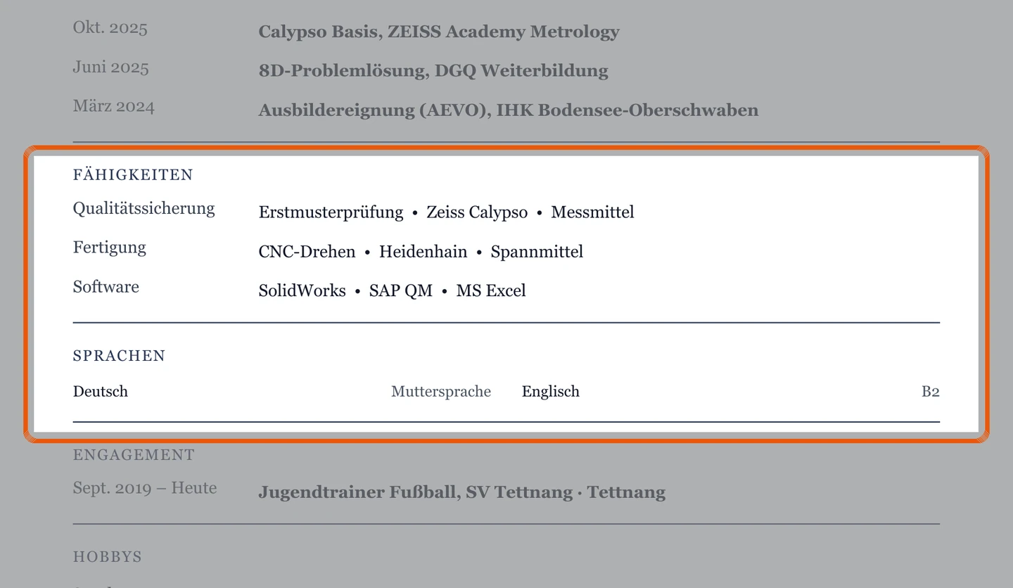 Kenntnisse und Sprachen im Muster – Muster Technikerschule & Berufseinstieg