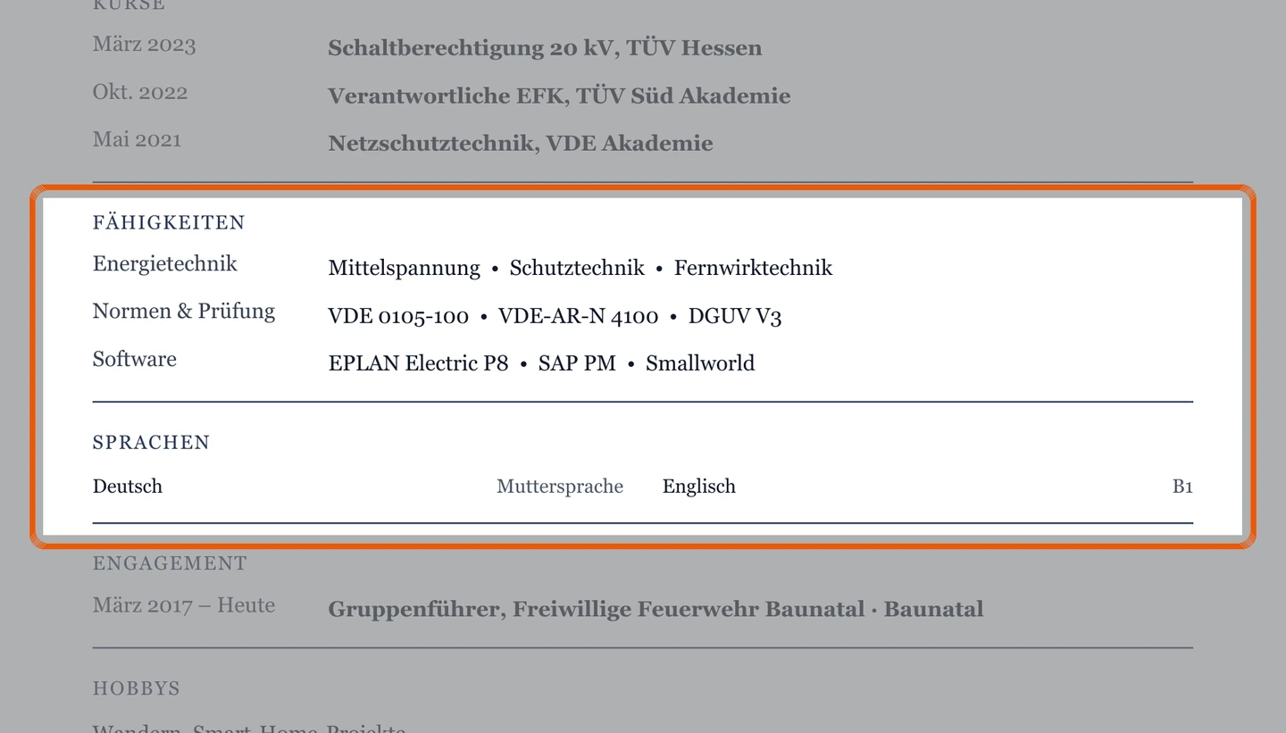 Kenntnisse und Sprachen im Muster – Muster Elektrotechnik