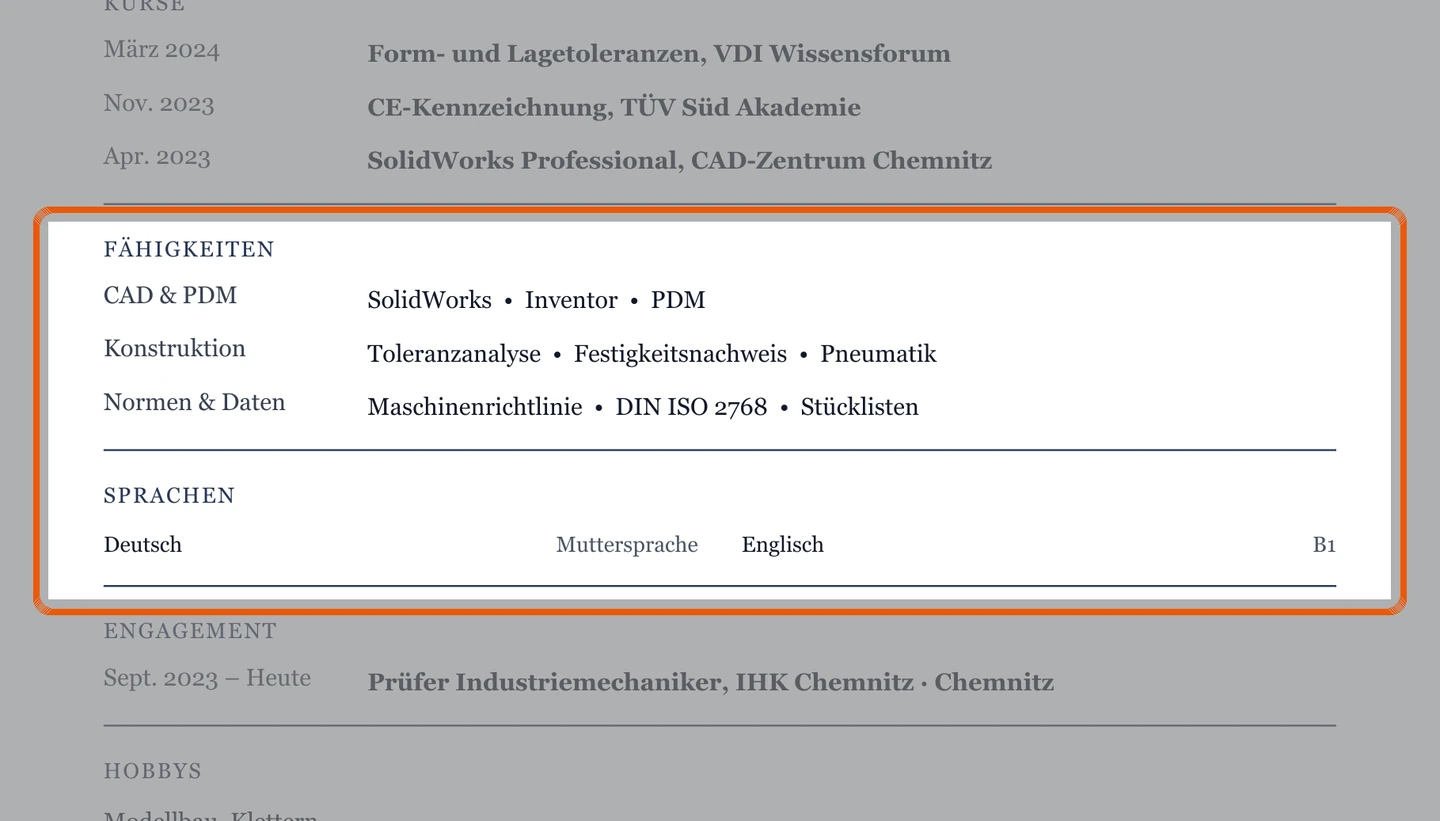 Kenntnisse und Sprachen im Muster – Muster Maschinenbau & Konstruktion