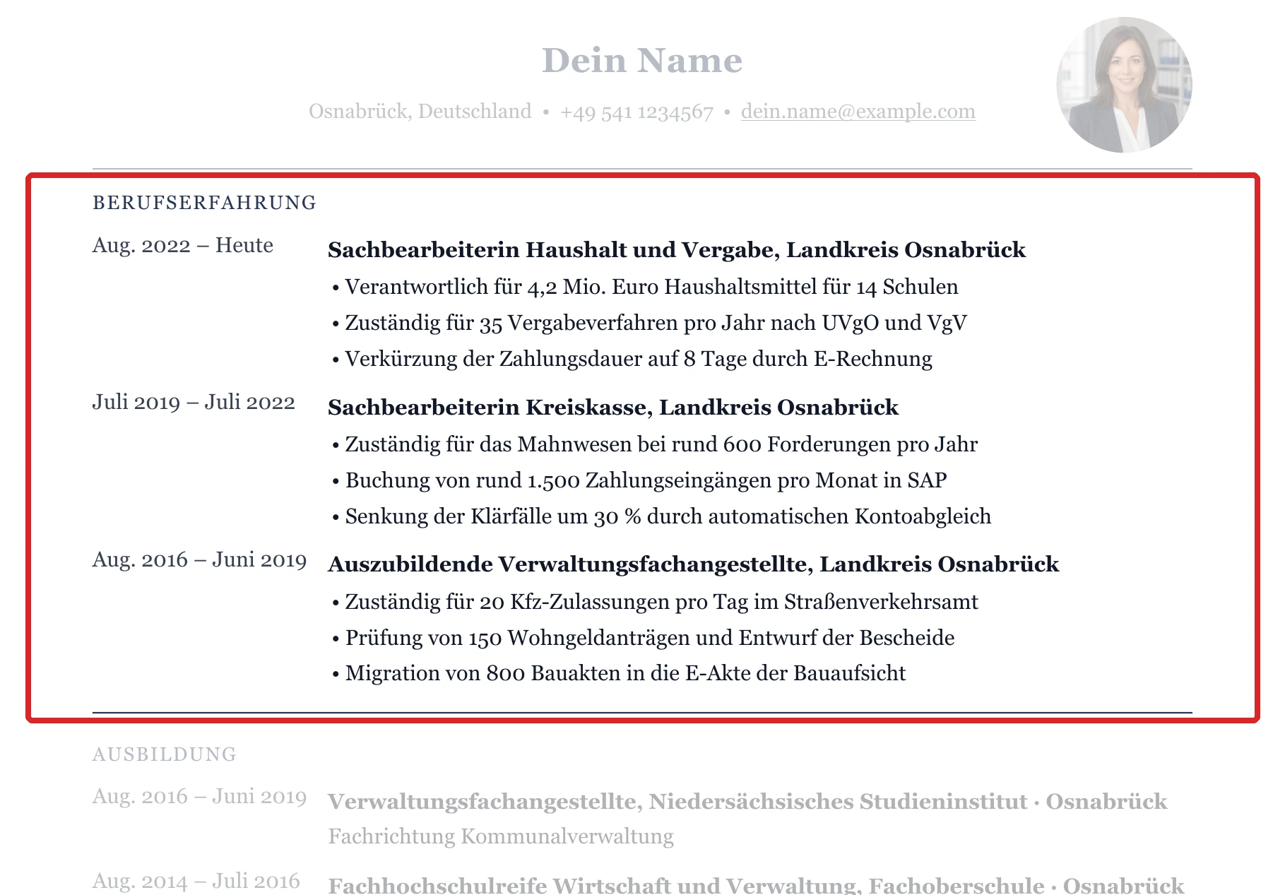 Berufserfahrung im Muster – Verwaltungsfachangestellte*r – allgemein