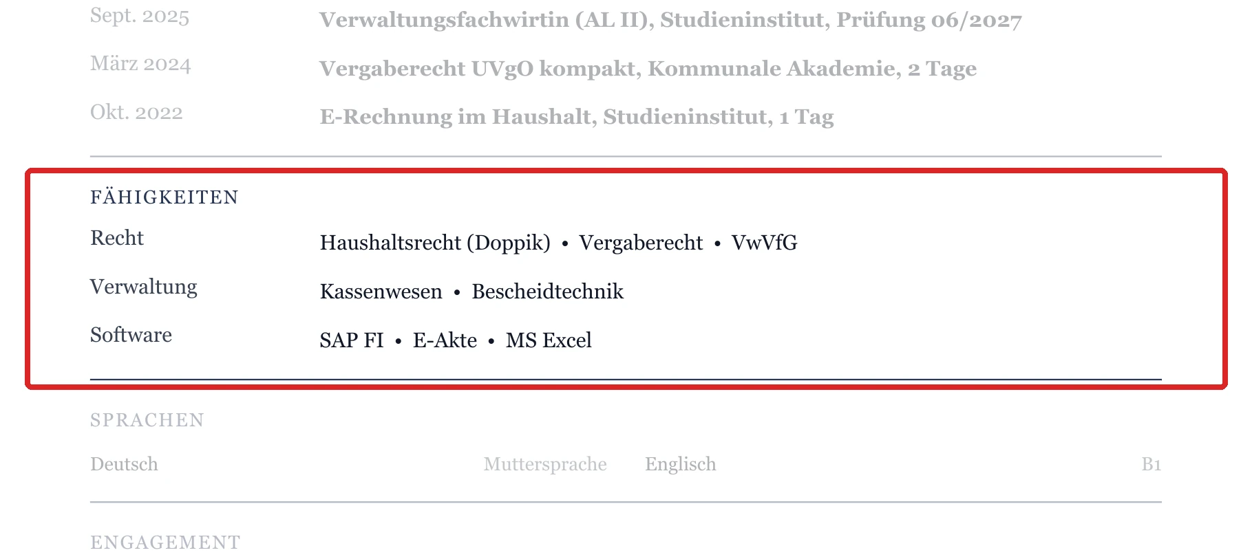 Kenntnisse im Muster – Verwaltungsfachangestellte*r – allgemein
