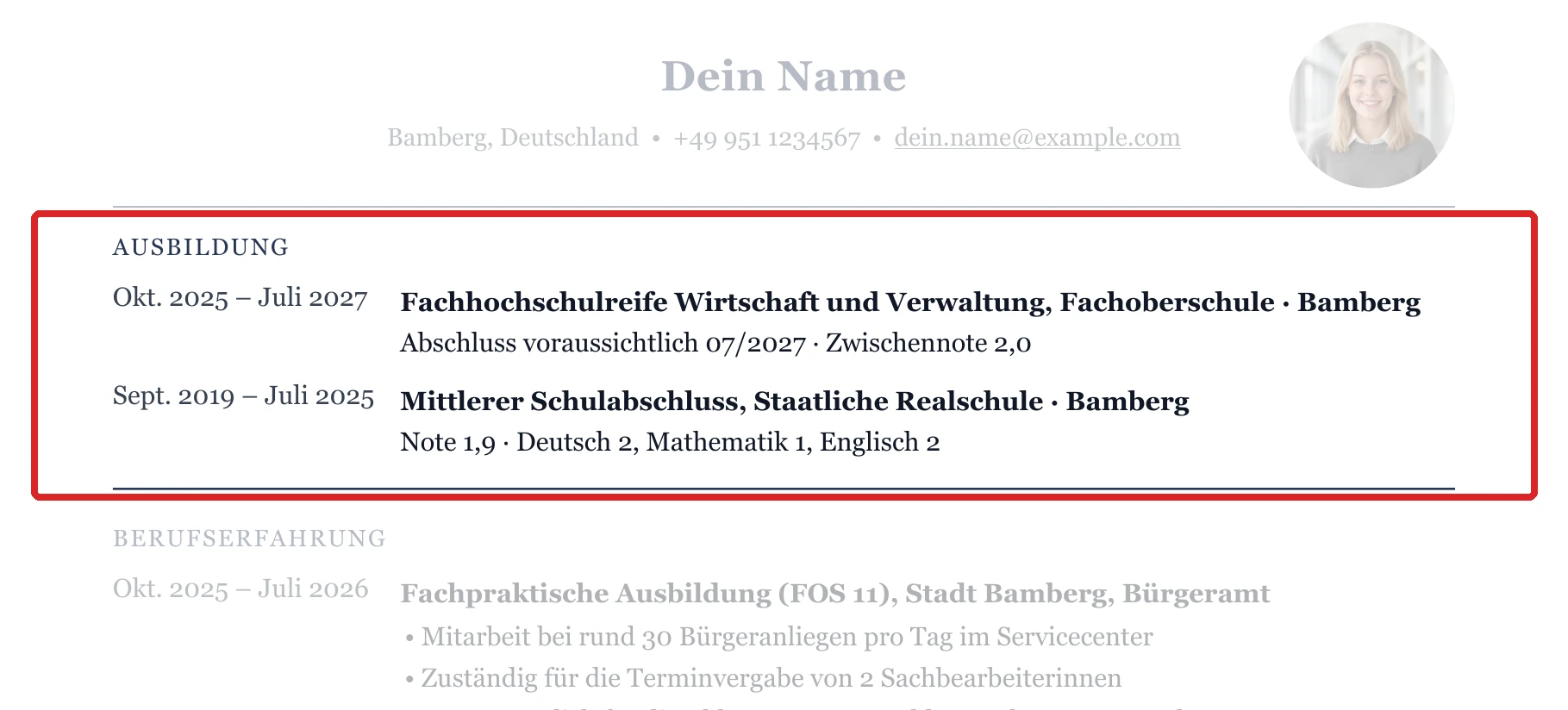 Ausbildung im Muster – Bewerbung um den Ausbildungsplatz