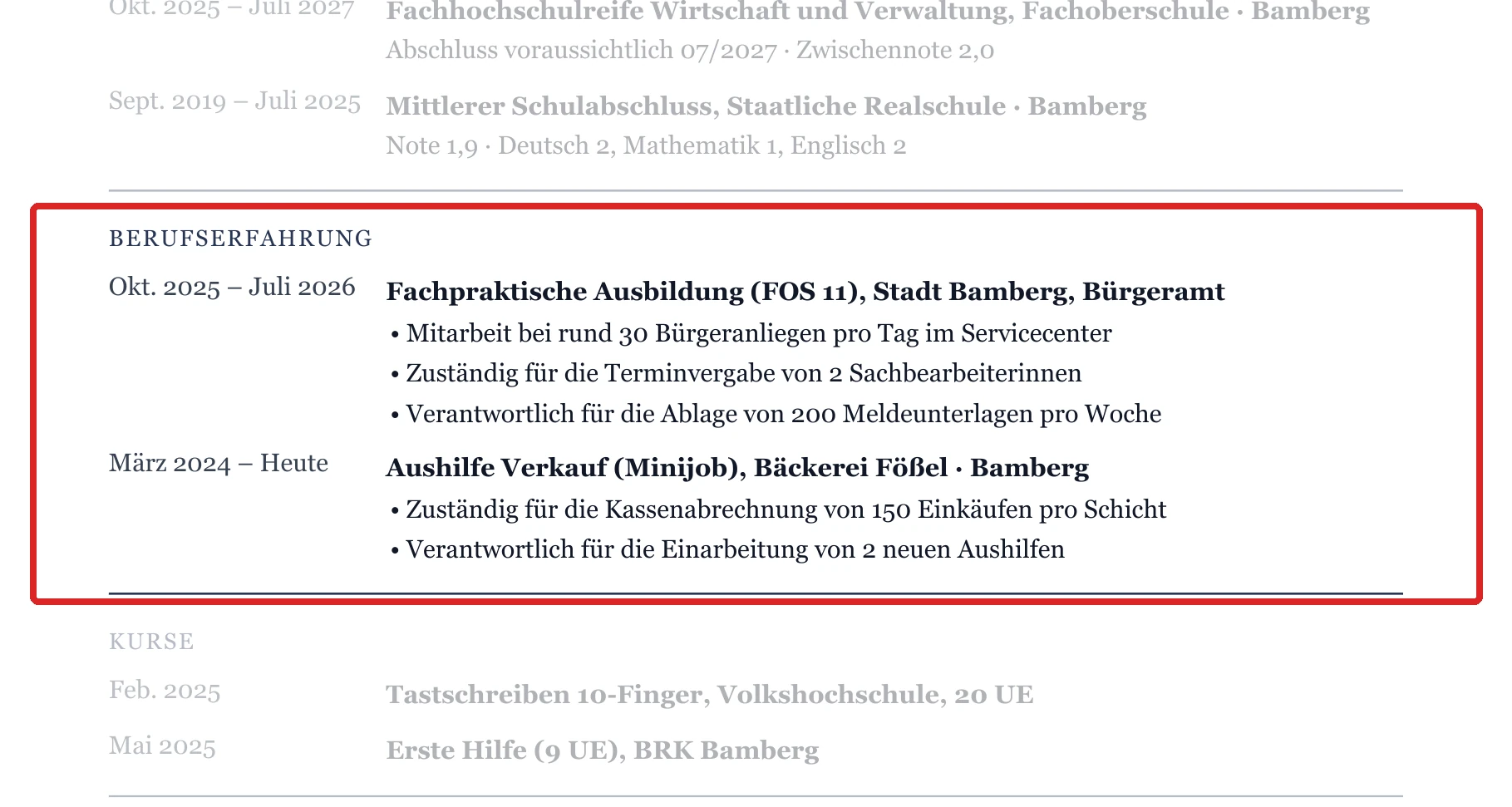 Berufserfahrung im Muster – Bewerbung um den Ausbildungsplatz