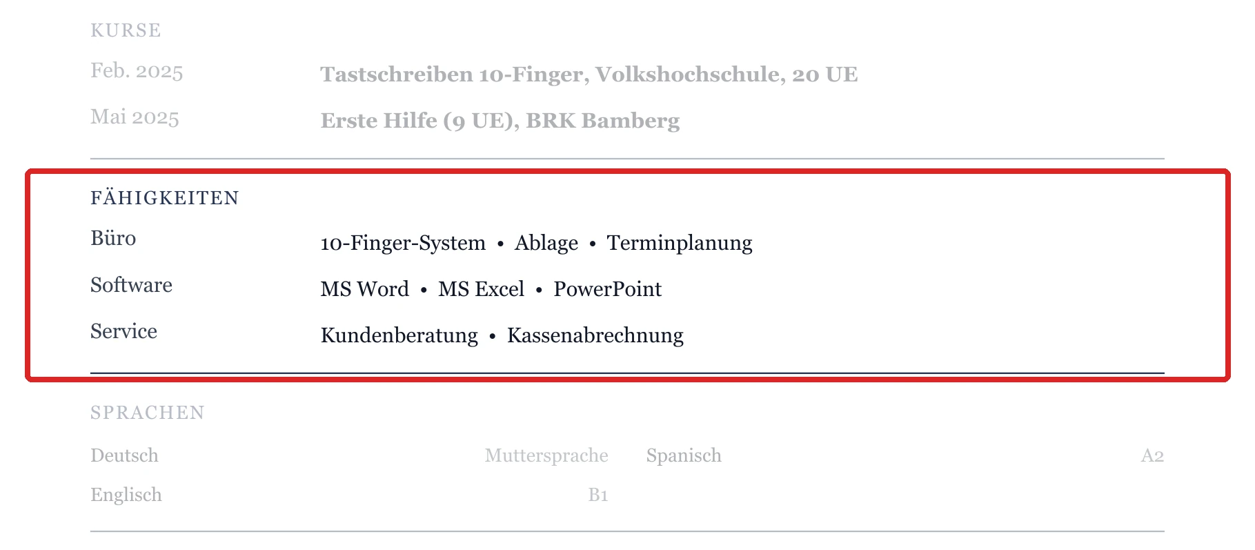 Kenntnisse im Muster – Bewerbung um den Ausbildungsplatz