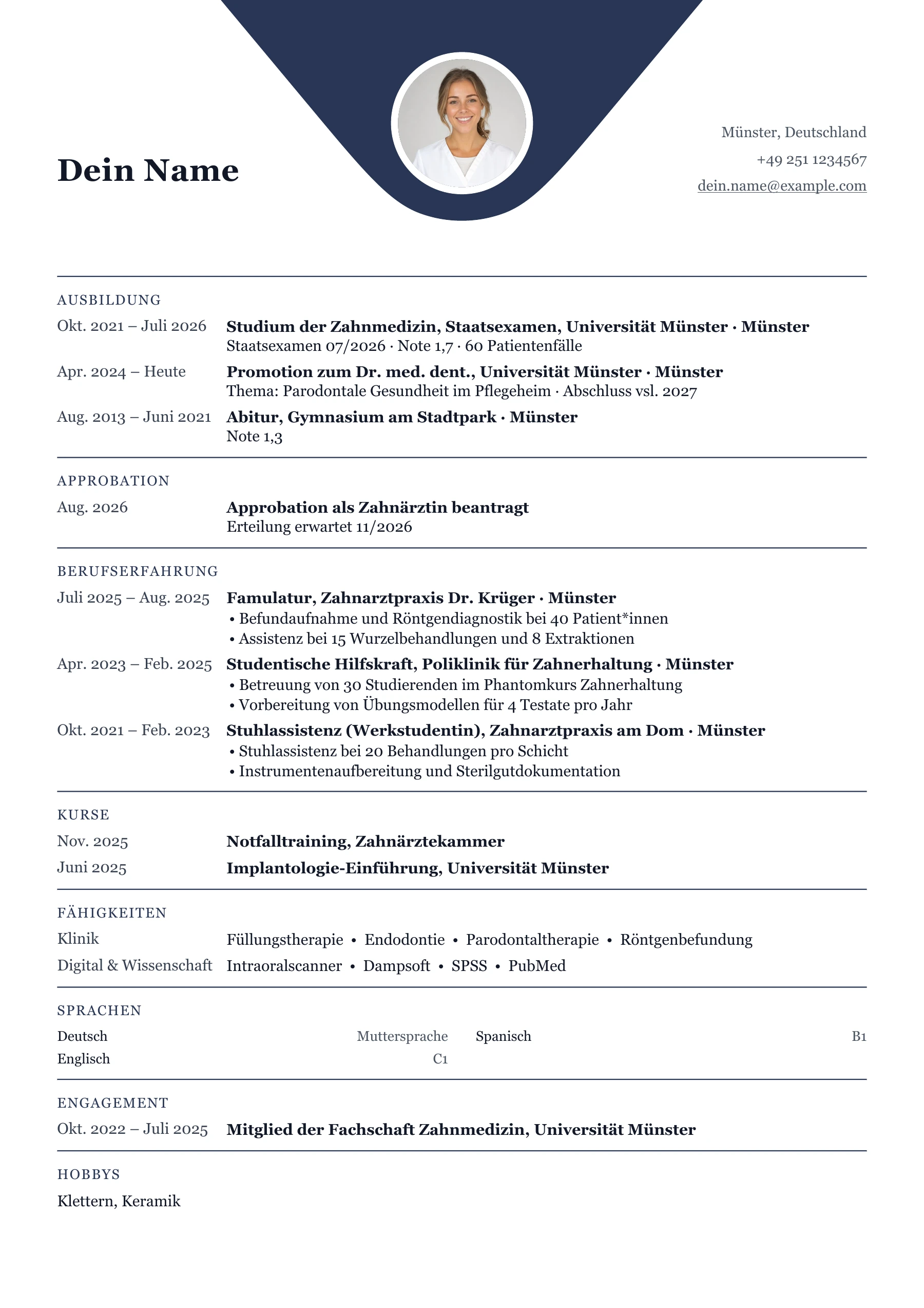 Lebenslauf Zahnarzt · Studium, Examen & Berufseinstieg · Klassisch zentriert