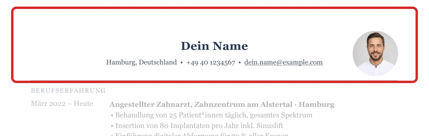 Persönliche Angaben im Muster – Muster Zahnarzt*in – allgemein