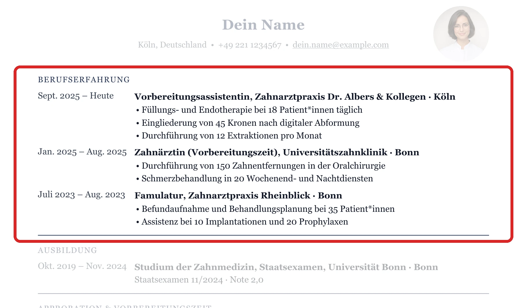 Berufserfahrung im Muster – Muster Vorbereitungsassistent*in