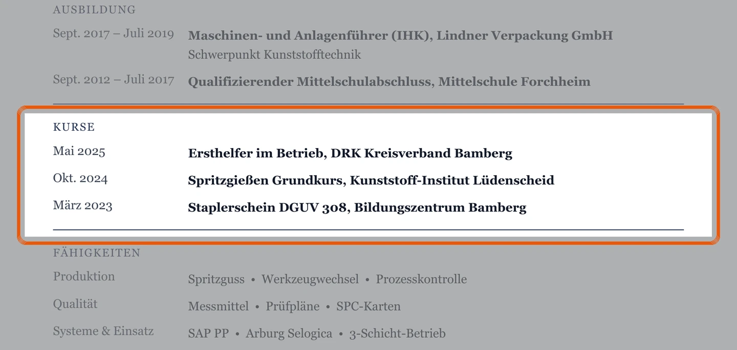 Weiterbildungen und Scheine im Muster – Muster Zeitarbeit – allgemein