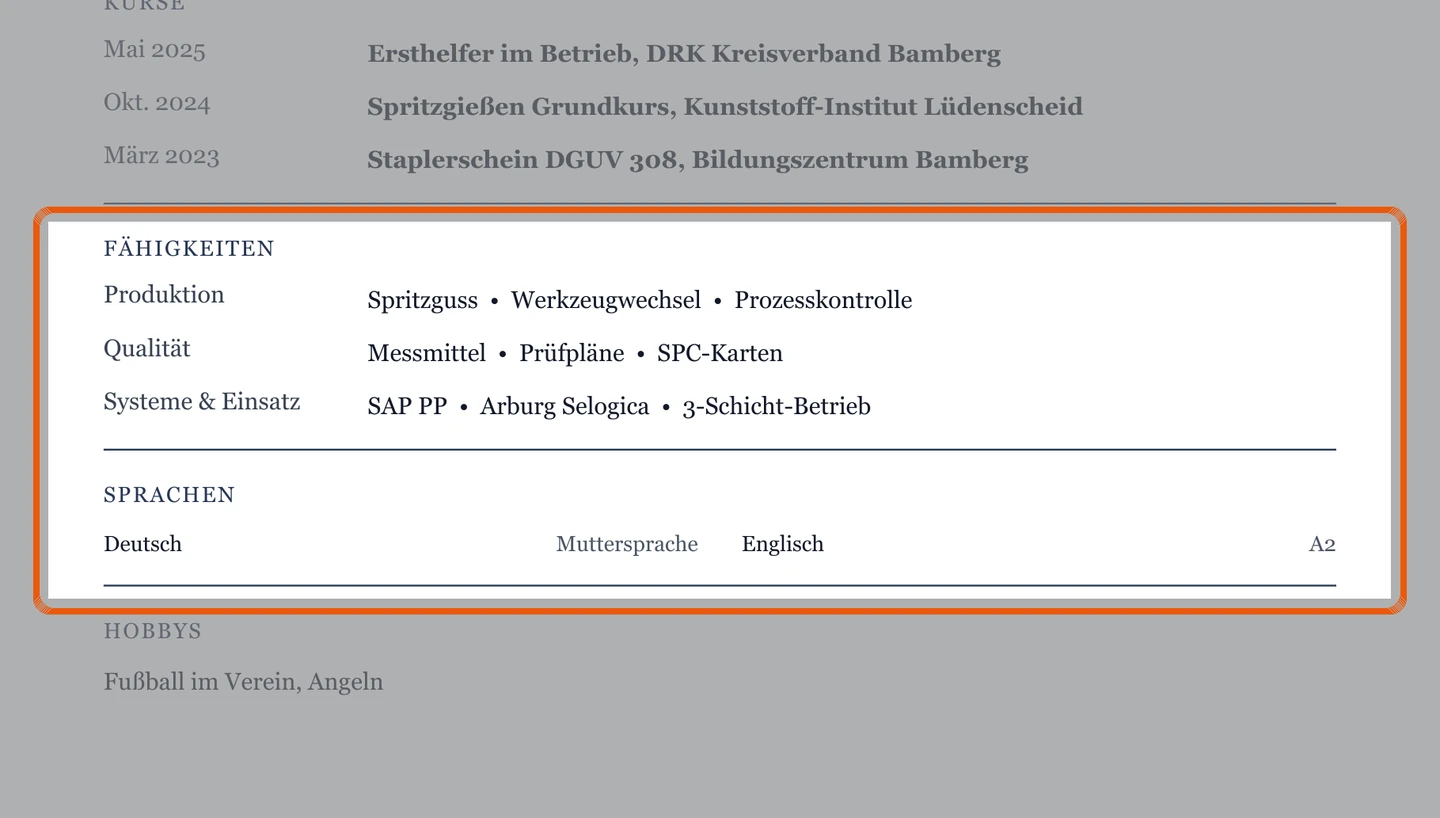 Kenntnisse und Sprachen im Muster – Muster Zeitarbeit – allgemein