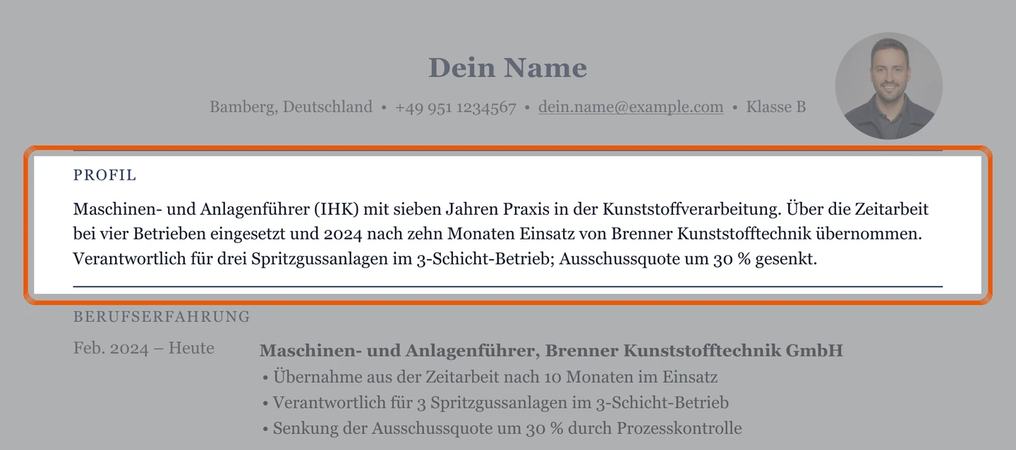 Muster mit Kurzprofil unter dem Kopfbereich