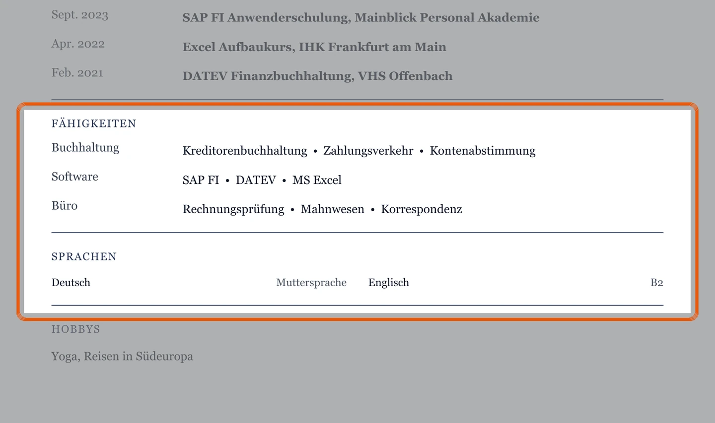 Kenntnisse und Sprachen im Muster – Muster Büro & kaufmännische Berufe